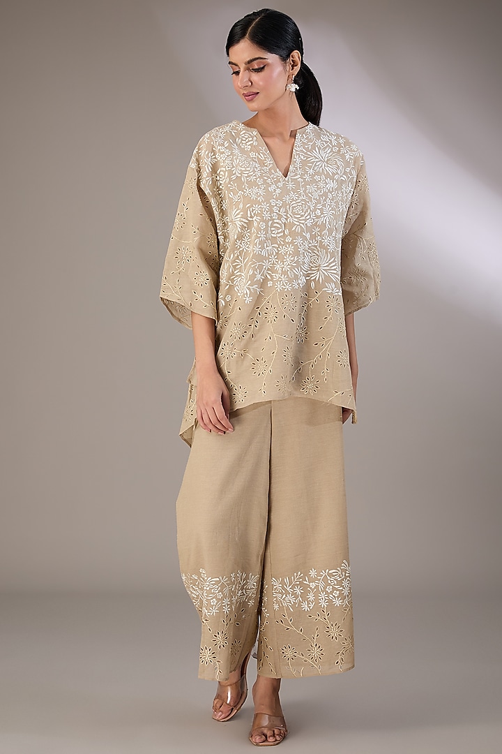 Beige Handloom Cotton Thread & Cutwork Embroidered Pants by Peachoo at Pernia's Pop Up Shop