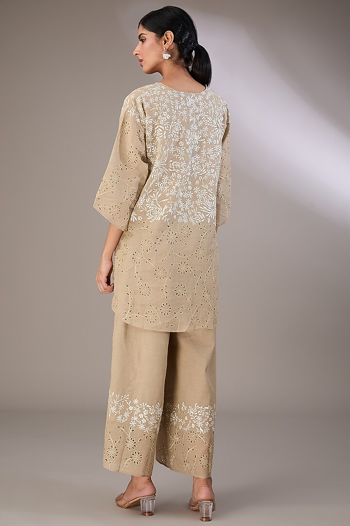 Beige Handloom Cotton Thread & Cutwork Embroidered Pants by Peachoo at Pernia's Pop Up Shop