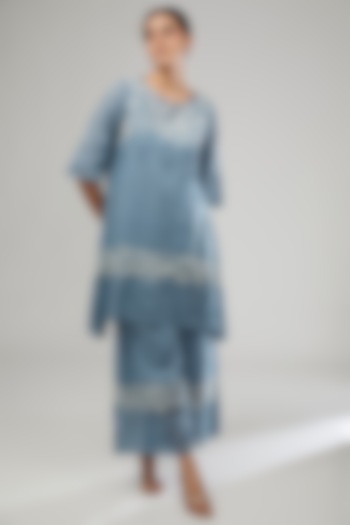 Blue Handloom Cotton Thread Embroidered Tunic by Peachoo at Pernia's Pop Up Shop