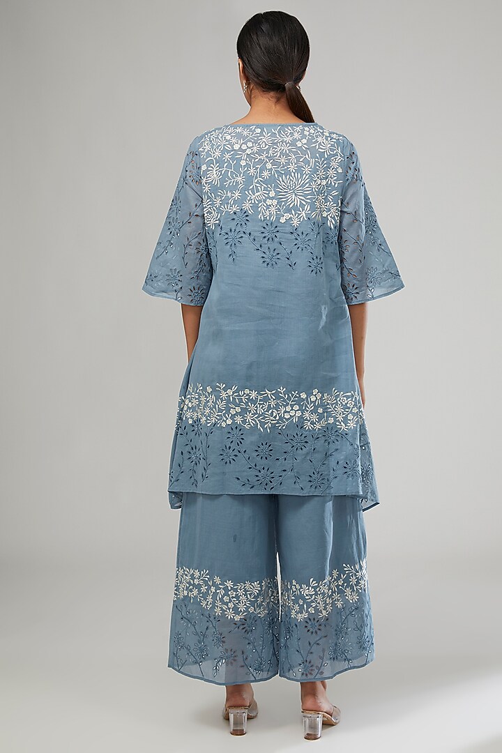 Blue Handloom Cotton Thread Embroidered Tunic by Peachoo at Pernia's Pop Up Shop