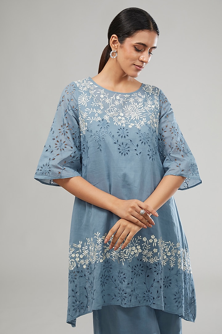 Blue Handloom Cotton Thread Embroidered Tunic by Peachoo at Pernia's Pop Up Shop
