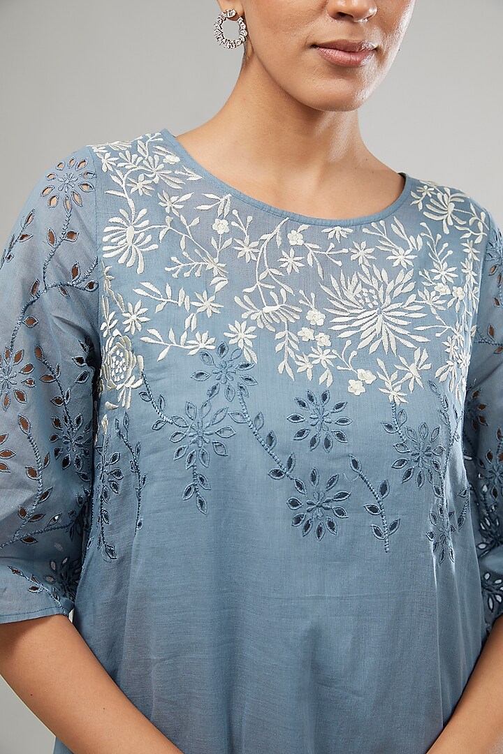 Blue Handloom Cotton Thread Embroidered Tunic by Peachoo at Pernia's Pop Up Shop