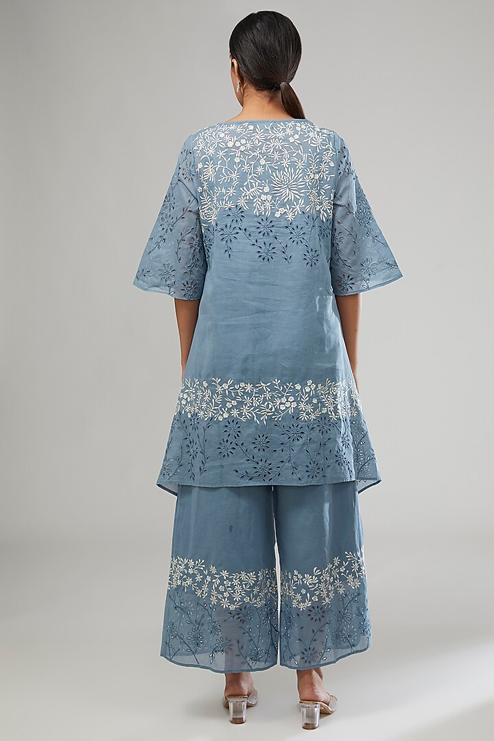 Blue Handloom Cotton Thread Embroidered Pants by Peachoo at Pernia's Pop Up Shop