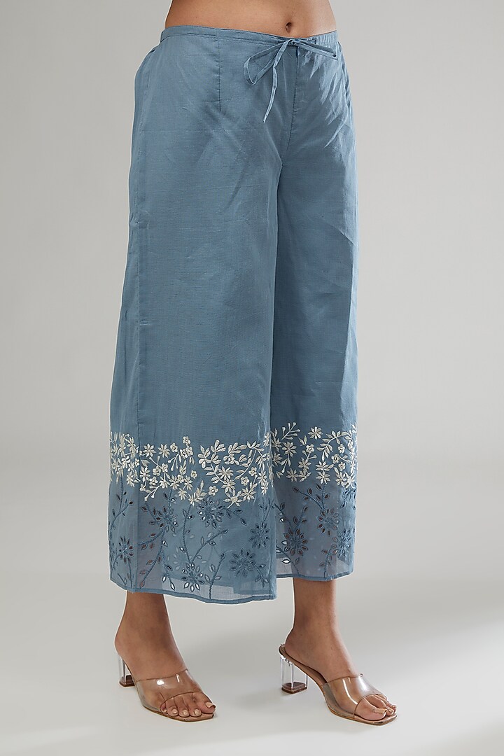 Blue Handloom Cotton Thread Embroidered Pants by Peachoo at Pernia's Pop Up Shop