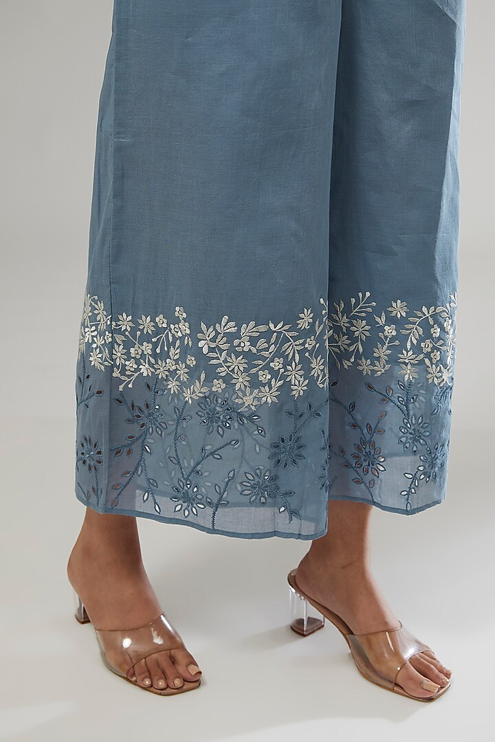 Blue Handloom Cotton Thread Embroidered Pants by Peachoo at Pernia's Pop Up Shop