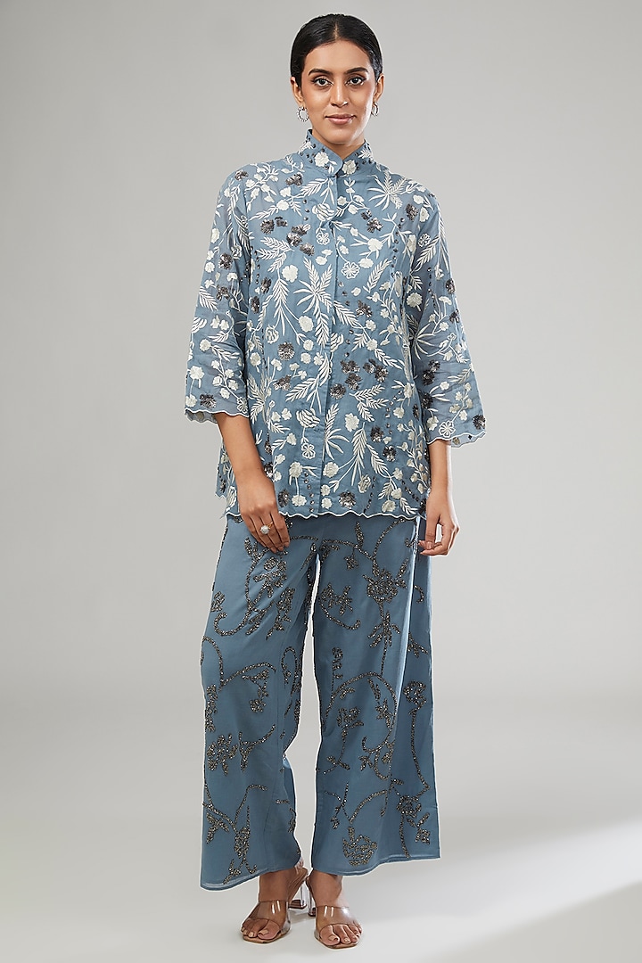 Blue Handloom Cotton Thread Embroidered Shirt by Peachoo at Pernia's Pop Up Shop