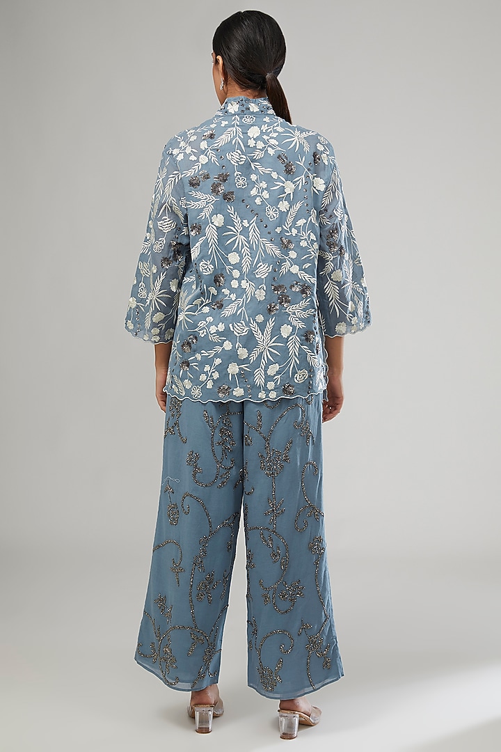 Blue Handloom Cotton Thread Embroidered Shirt by Peachoo at Pernia's Pop Up Shop