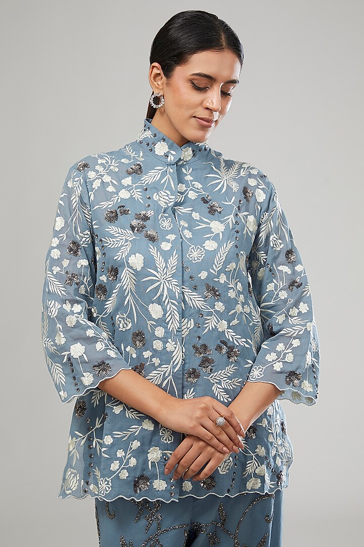 Blue Handloom Cotton Thread Embroidered Shirt by Peachoo at Pernia's Pop Up Shop