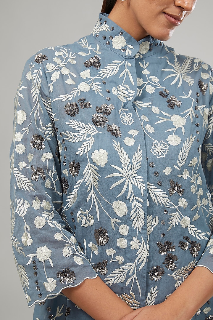 Blue Handloom Cotton Thread Embroidered Shirt by Peachoo at Pernia's Pop Up Shop