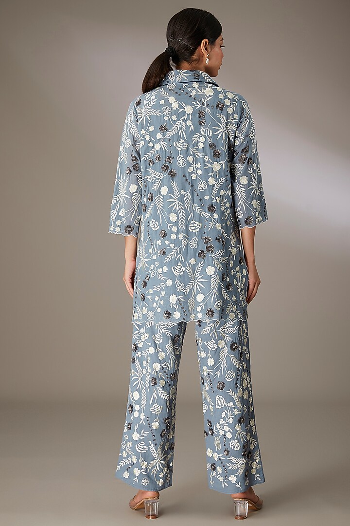 Blue Handloom Cotton Thread Embroidered Pants by Peachoo at Pernia's Pop Up Shop