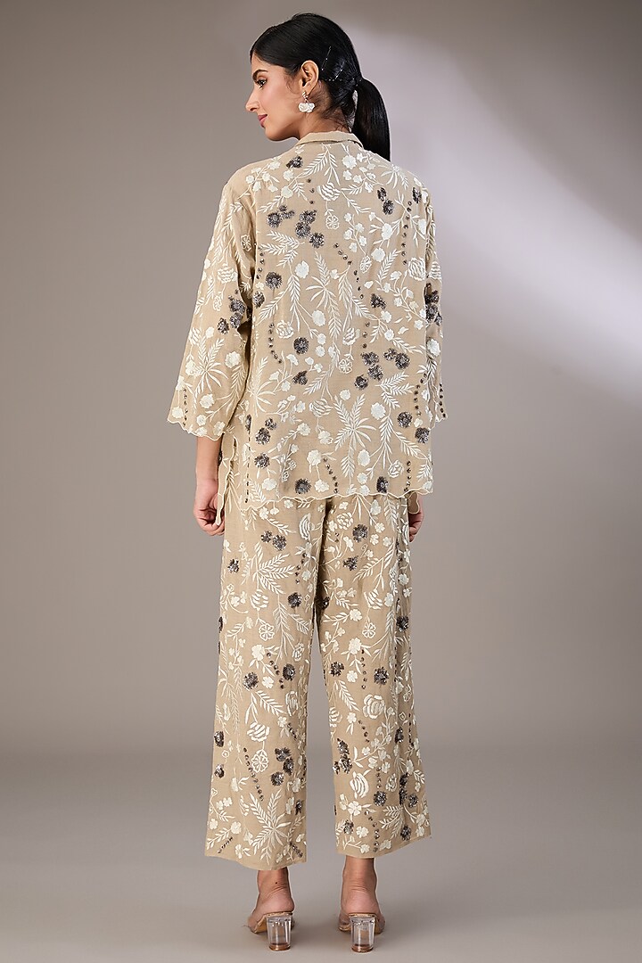 Beige Handloom Cotton Thread Embroidered Shirt by Peachoo at Pernia's Pop Up Shop