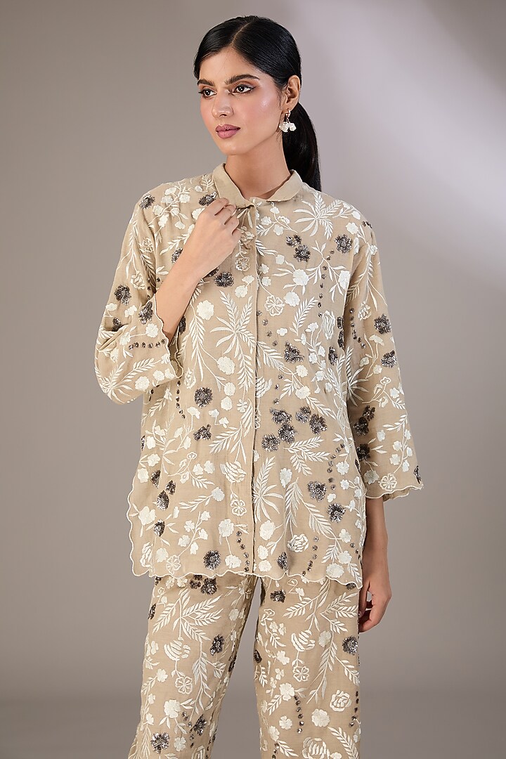 Beige Handloom Cotton Thread Embroidered Shirt by Peachoo at Pernia's Pop Up Shop