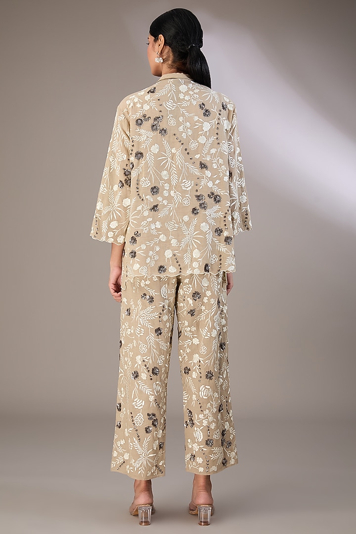 Beige Handloom Cotton Thread Embroidered Pants by Peachoo at Pernia's Pop Up Shop
