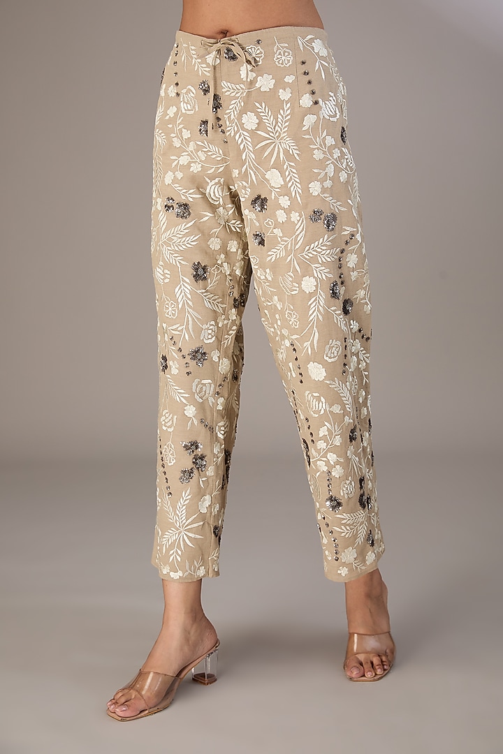 Beige Handloom Cotton Thread Embroidered Pants by Peachoo at Pernia's Pop Up Shop