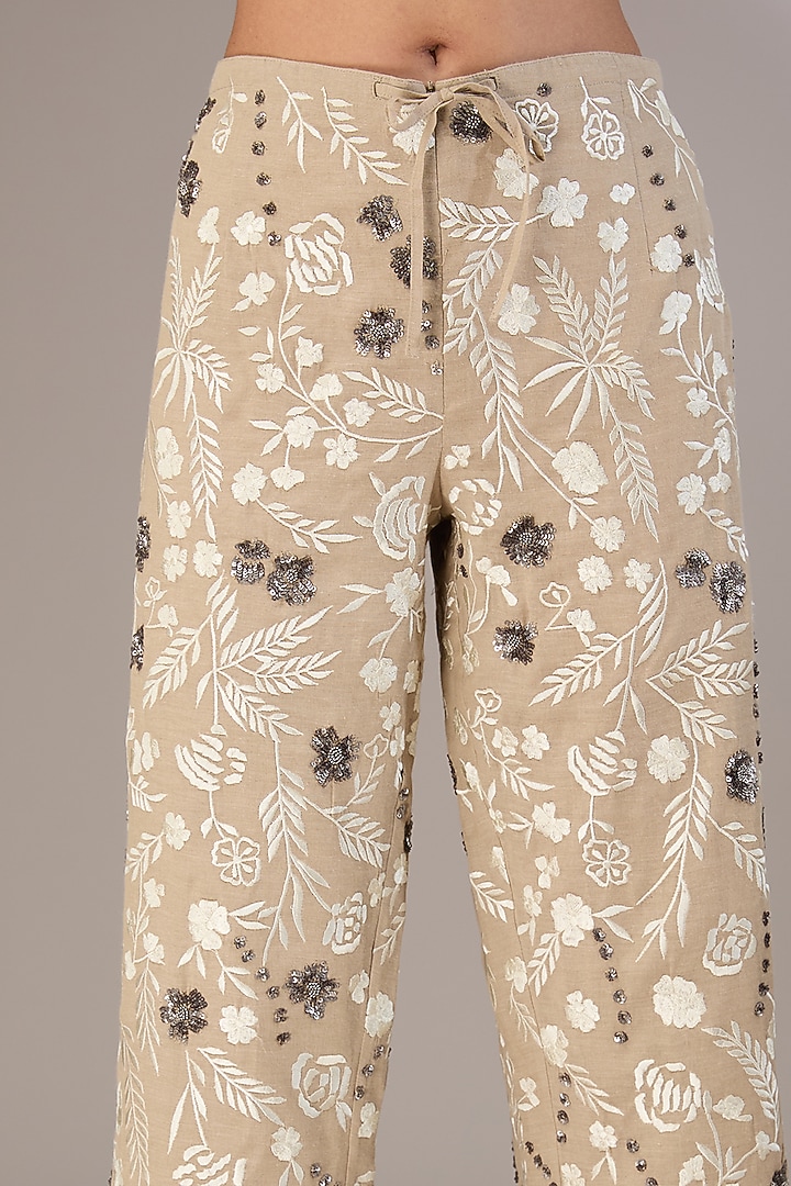 Beige Handloom Cotton Thread Embroidered Pants by Peachoo at Pernia's Pop Up Shop