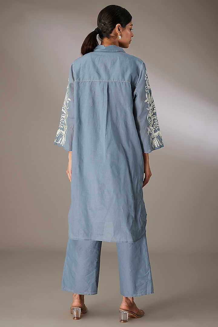 Blue Handloom Cotton Thread Embroidered Kurta by Peachoo at Pernia's Pop Up Shop
