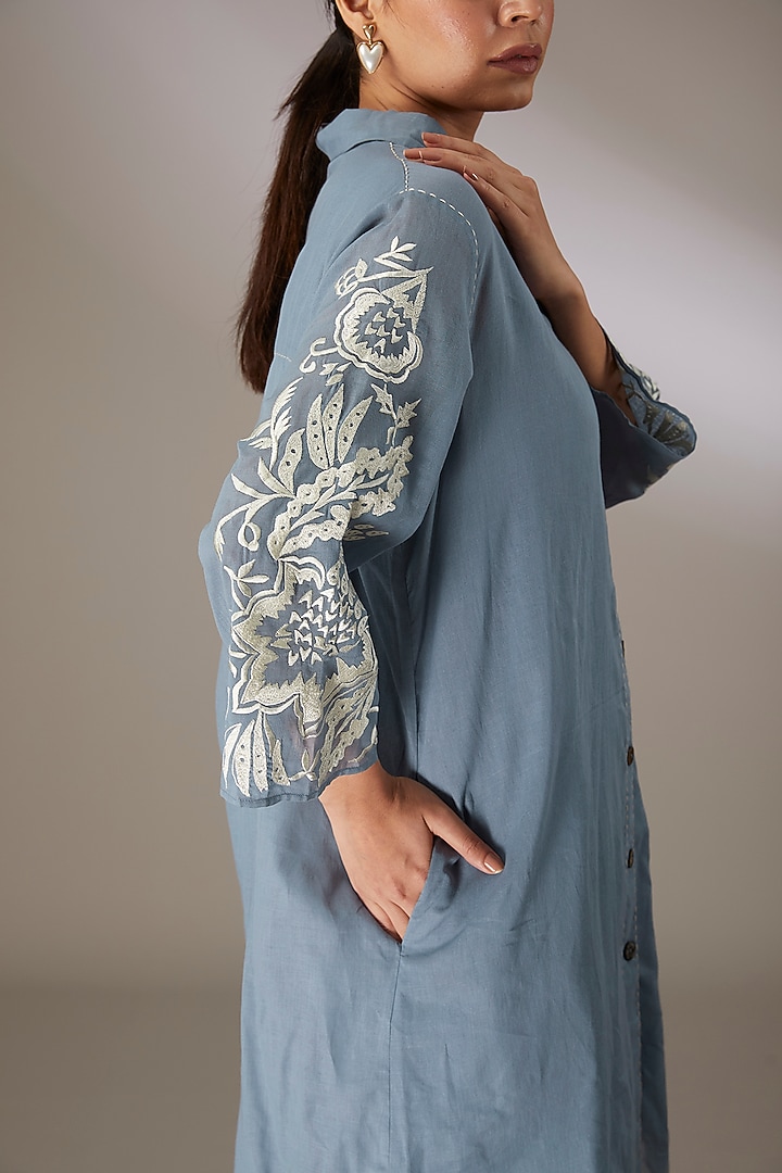Blue Handloom Cotton Thread Embroidered Kurta by Peachoo at Pernia's Pop Up Shop
