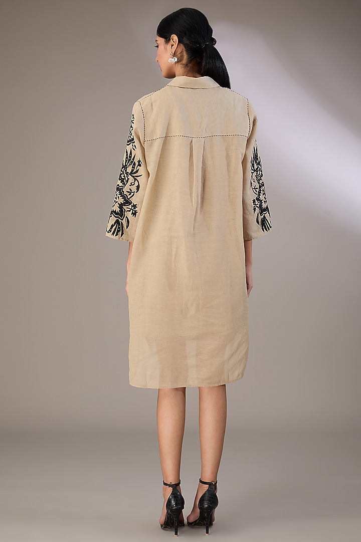 Beige Handloom Cotton Thread Embroidered Summer Shirt Dress by Peachoo at Pernia's Pop Up Shop