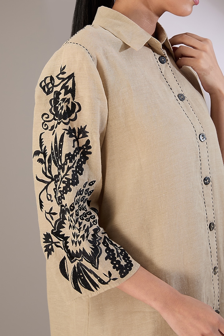 Beige Handloom Cotton Thread Embroidered Summer Shirt Dress by Peachoo at Pernia's Pop Up Shop