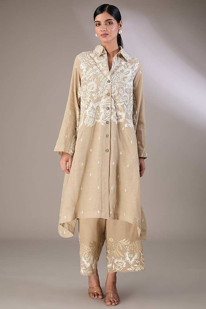 Beige Handloom Cotton Thread Embroidered Jacket by Peachoo at Pernia's Pop Up Shop