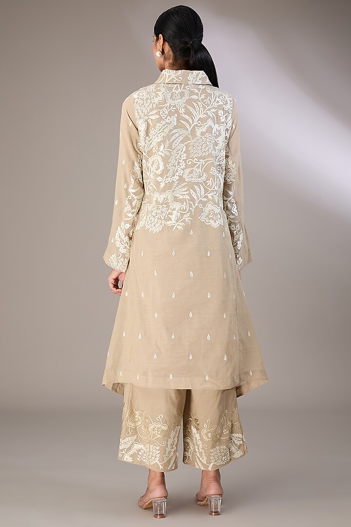 Beige Handloom Cotton Thread Embroidered Tunic by Peachoo at Pernia's Pop Up Shop