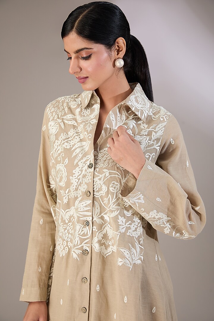 Beige Handloom Cotton Thread Embroidered Tunic by Peachoo at Pernia's Pop Up Shop