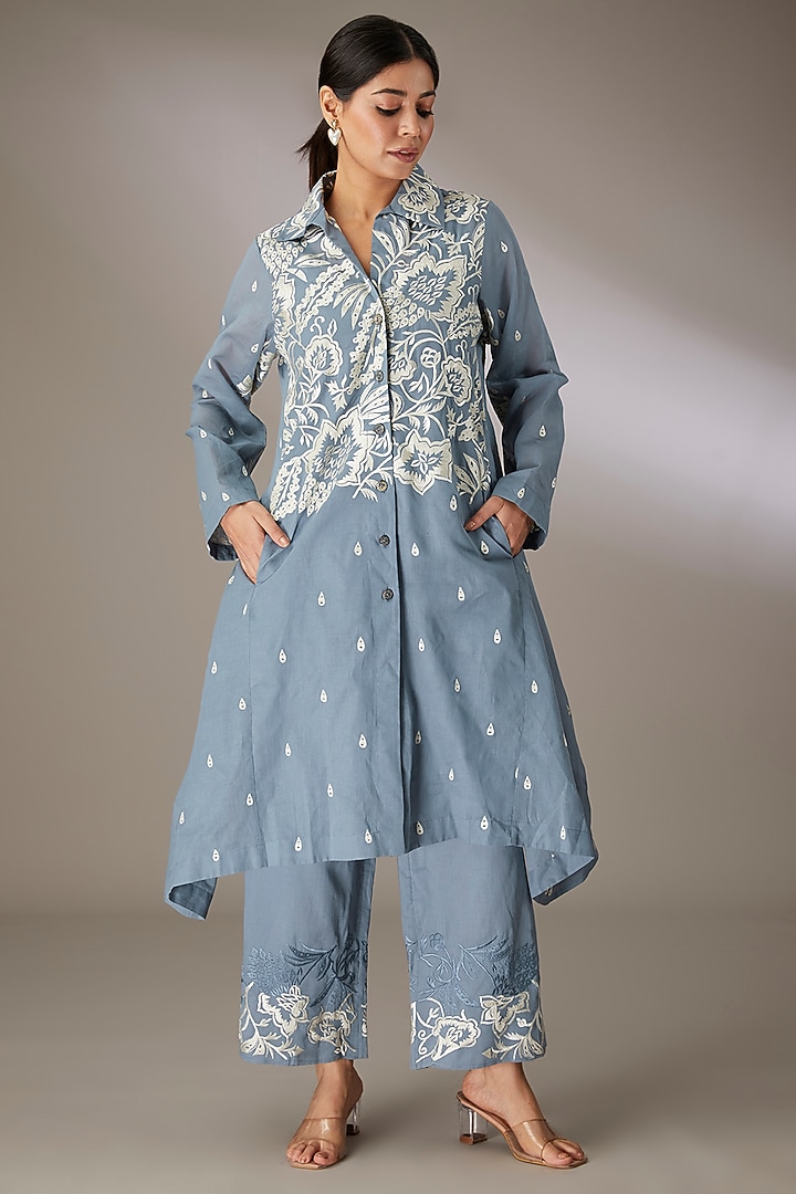 Blue Handloom Cotton Thread Embroidered Tunic by Peachoo at Pernia's Pop Up Shop