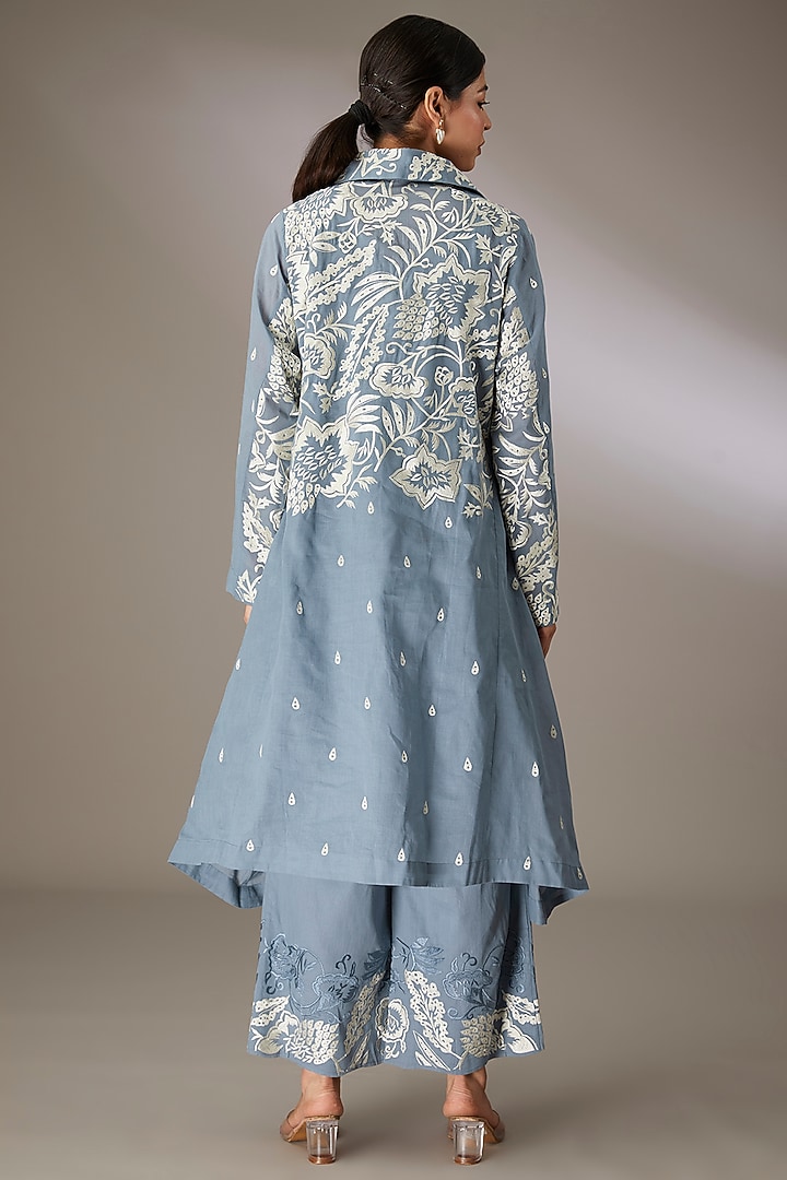 Blue Handloom Cotton Thread Embroidered Tunic by Peachoo at Pernia's Pop Up Shop