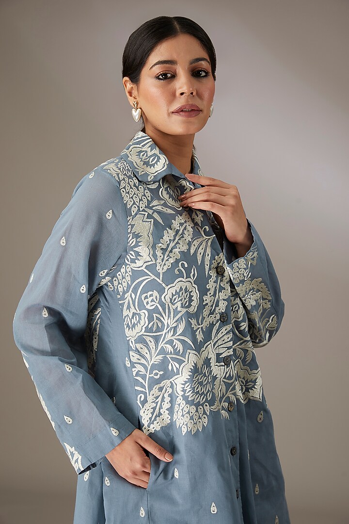 Blue Handloom Cotton Thread Embroidered Tunic by Peachoo at Pernia's Pop Up Shop