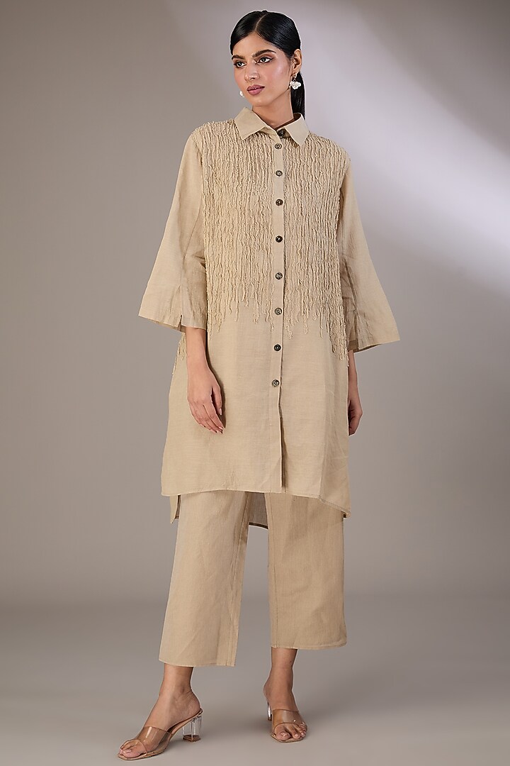 Beige Handloom Cotton Thread Embroidered Kurta by Peachoo at Pernia's Pop Up Shop