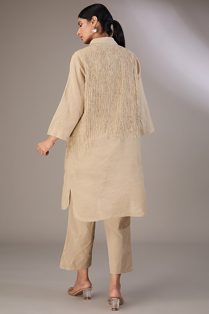 Beige Handloom Cotton Thread Embroidered Kurta by Peachoo at Pernia's Pop Up Shop