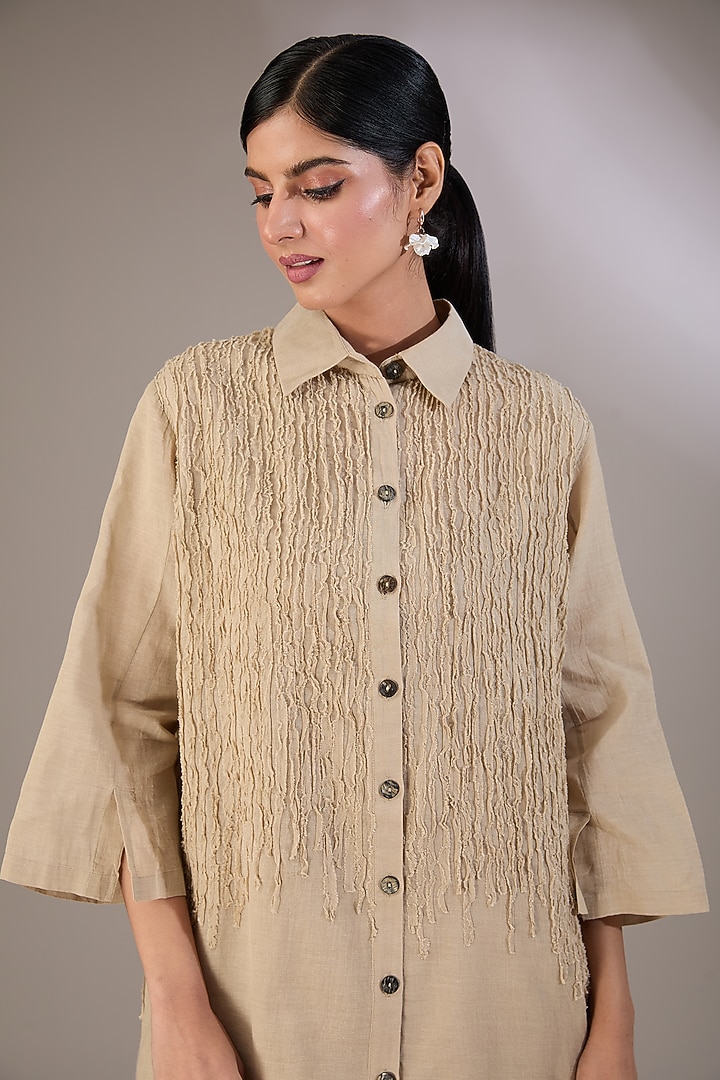 Beige Handloom Cotton Thread Embroidered Kurta by Peachoo at Pernia's Pop Up Shop