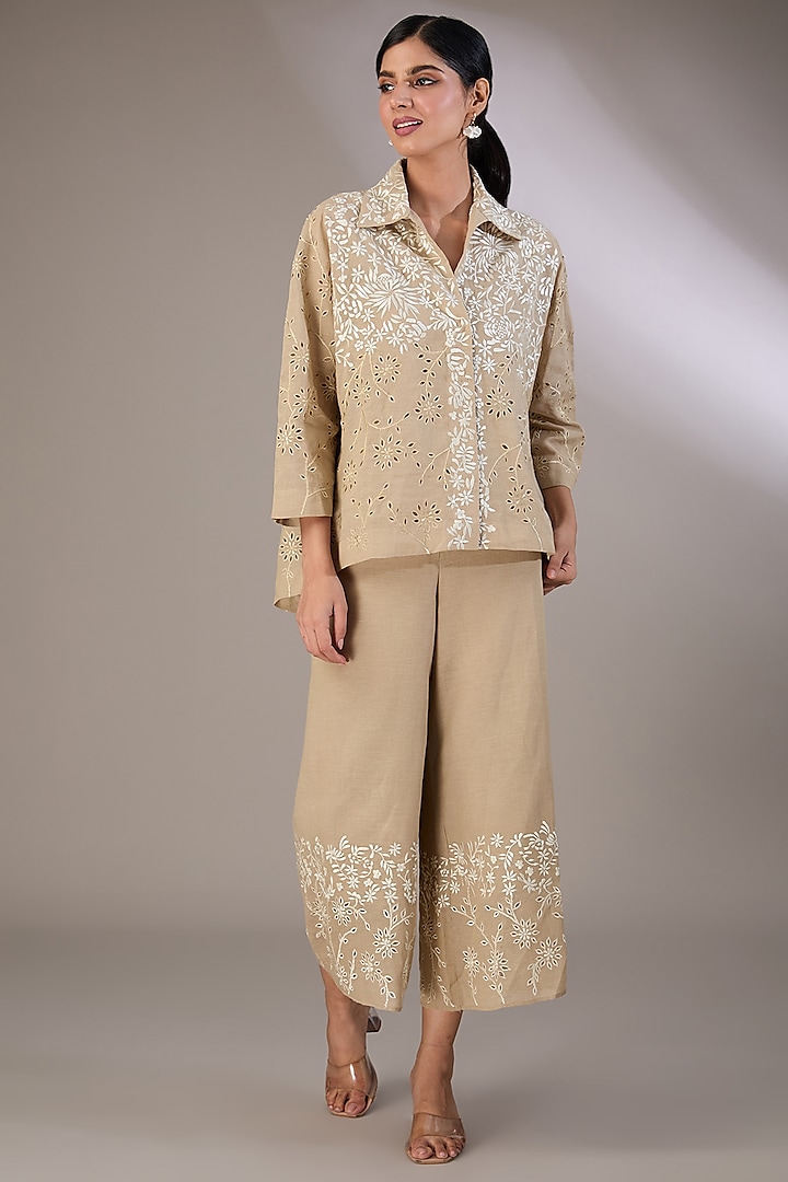 Beige Handloom Cotton Thread Embroidered Pants by Peachoo at Pernia's Pop Up Shop