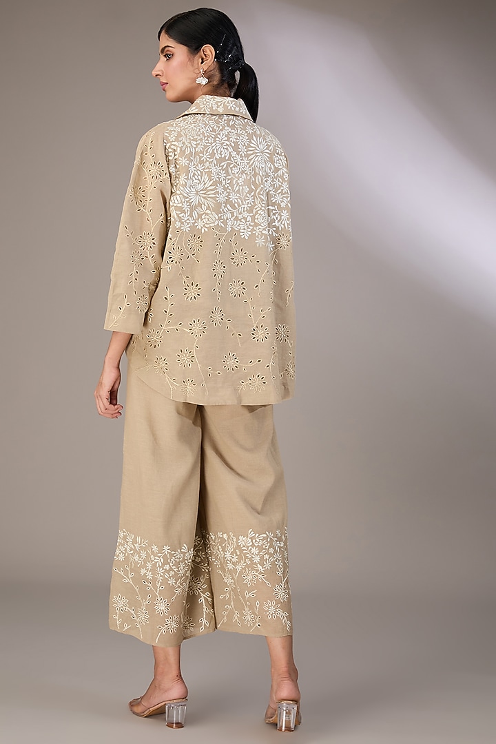Beige Handloom Cotton Thread Embroidered Pants by Peachoo at Pernia's Pop Up Shop