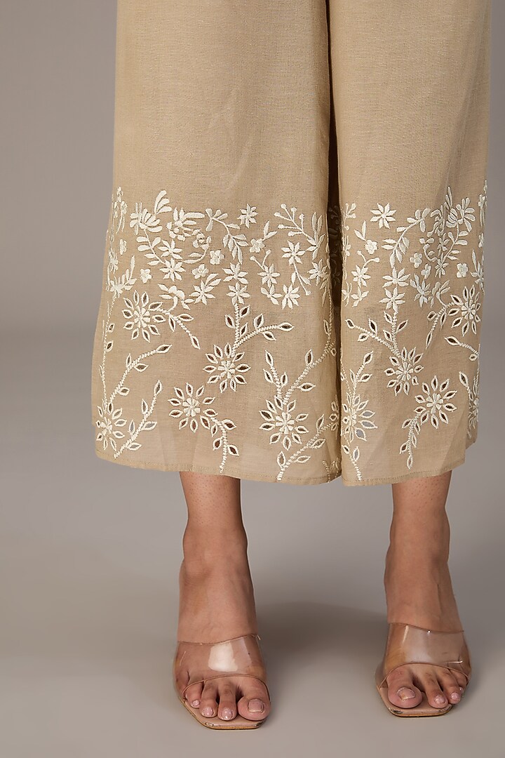 Beige Handloom Cotton Thread Embroidered Pants by Peachoo at Pernia's Pop Up Shop