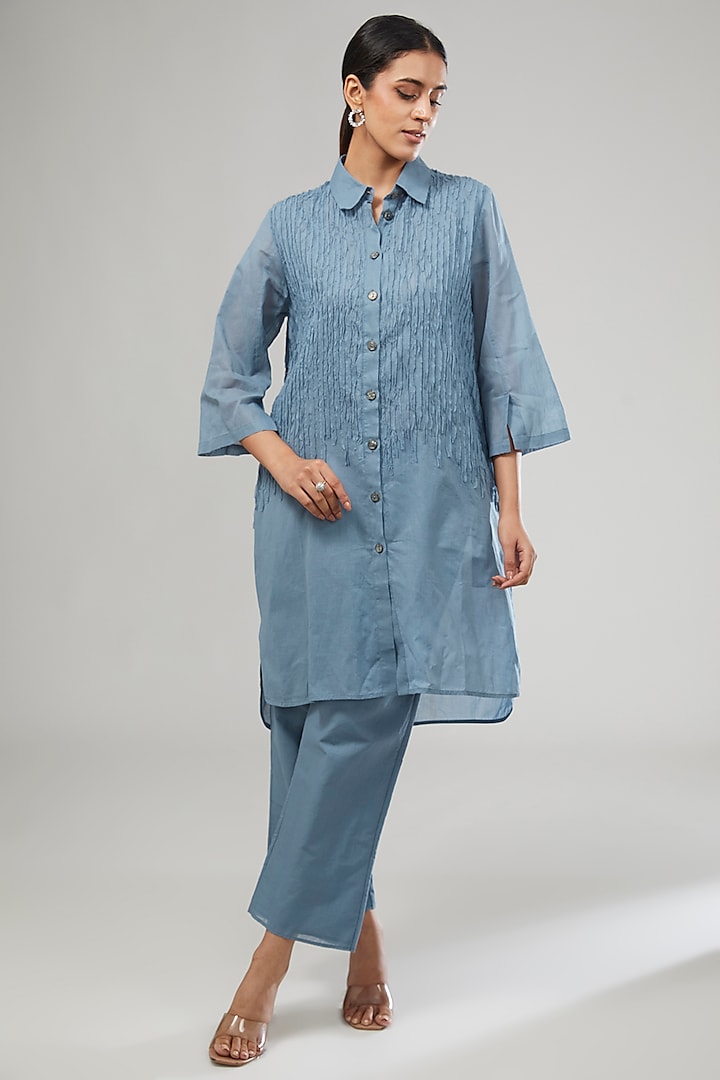 Blue Handloom Cotton Thread Embroidered Shirt by Peachoo at Pernia's Pop Up Shop