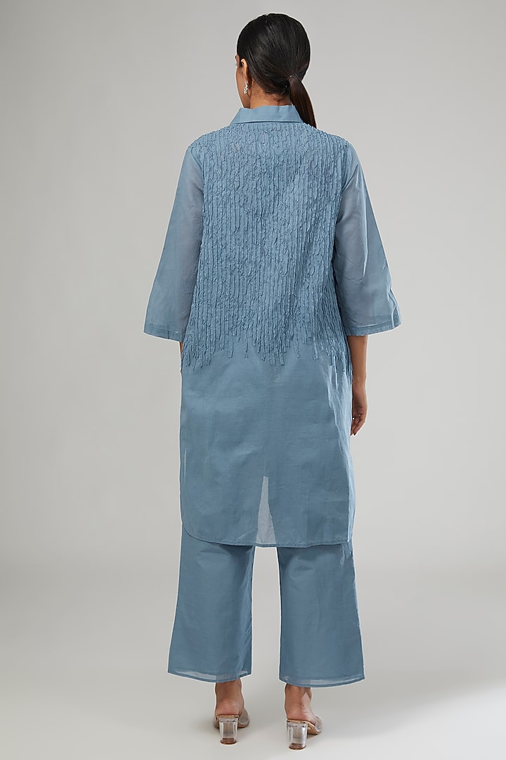 Blue Handloom Cotton Thread Embroidered Shirt Kurta by Peachoo at Pernia's Pop Up Shop