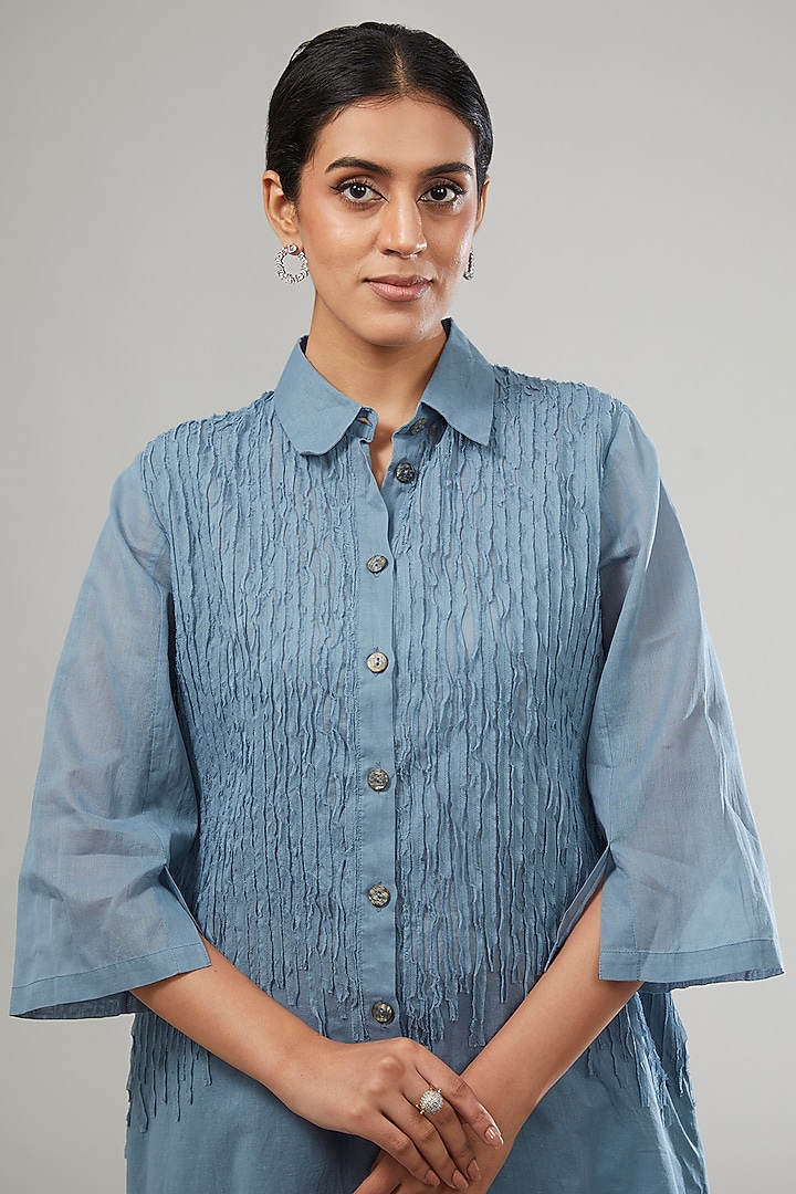 Blue Handloom Cotton Thread Embroidered Shirt Kurta by Peachoo at Pernia's Pop Up Shop
