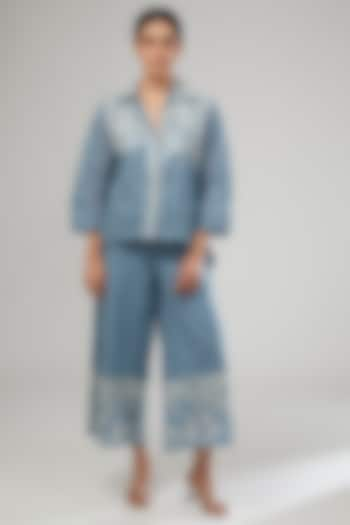 Blue Handloom Cotton Thread Embroidered Pants by Peachoo at Pernia's Pop Up Shop