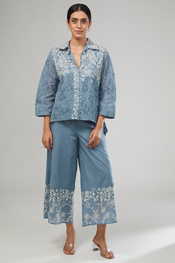 Blue Handloom Cotton Thread Embroidered Pants by Peachoo at Pernia's Pop Up Shop