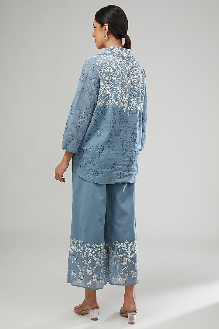 Blue Handloom Cotton Thread Embroidered Pants by Peachoo at Pernia's Pop Up Shop
