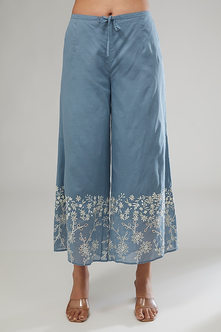 Blue Handloom Cotton Thread Embroidered Pants by Peachoo at Pernia's Pop Up Shop
