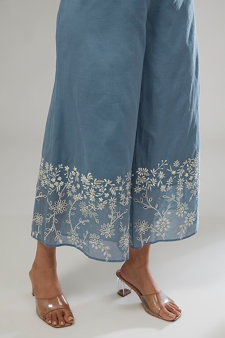 Blue Handloom Cotton Thread Embroidered Pants by Peachoo at Pernia's Pop Up Shop