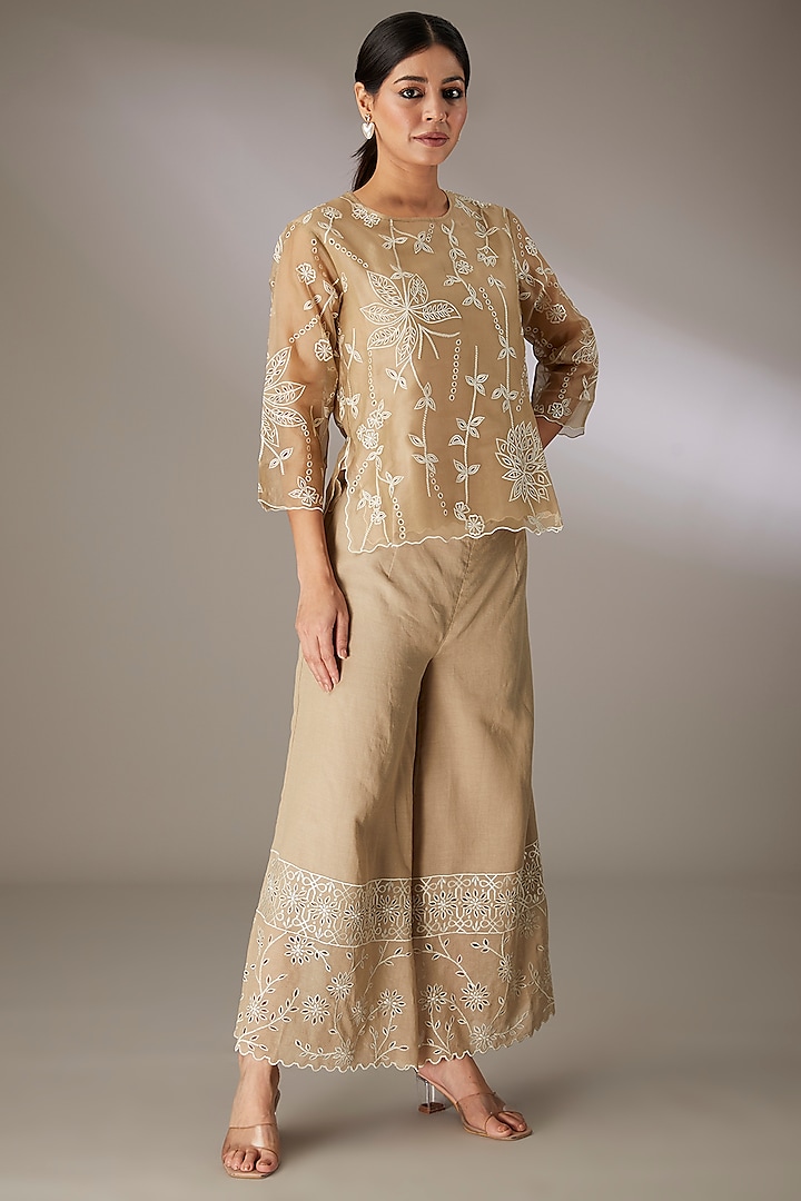 Beige Silk Organza Cutwork Embroidered Top by Peachoo at Pernia's Pop Up Shop