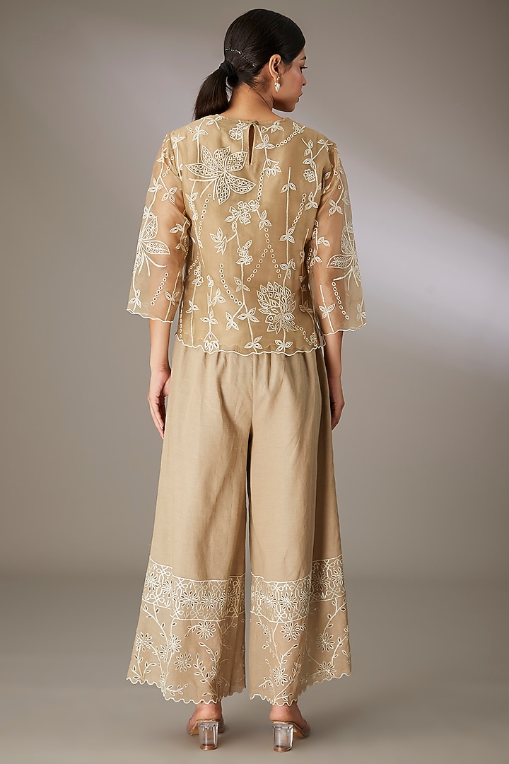 Beige Silk Organza Cutwork Embroidered Top by Peachoo at Pernia's Pop Up Shop