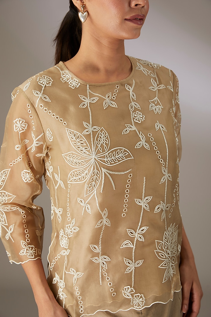 Beige Silk Organza Cutwork Embroidered Top by Peachoo at Pernia's Pop Up Shop