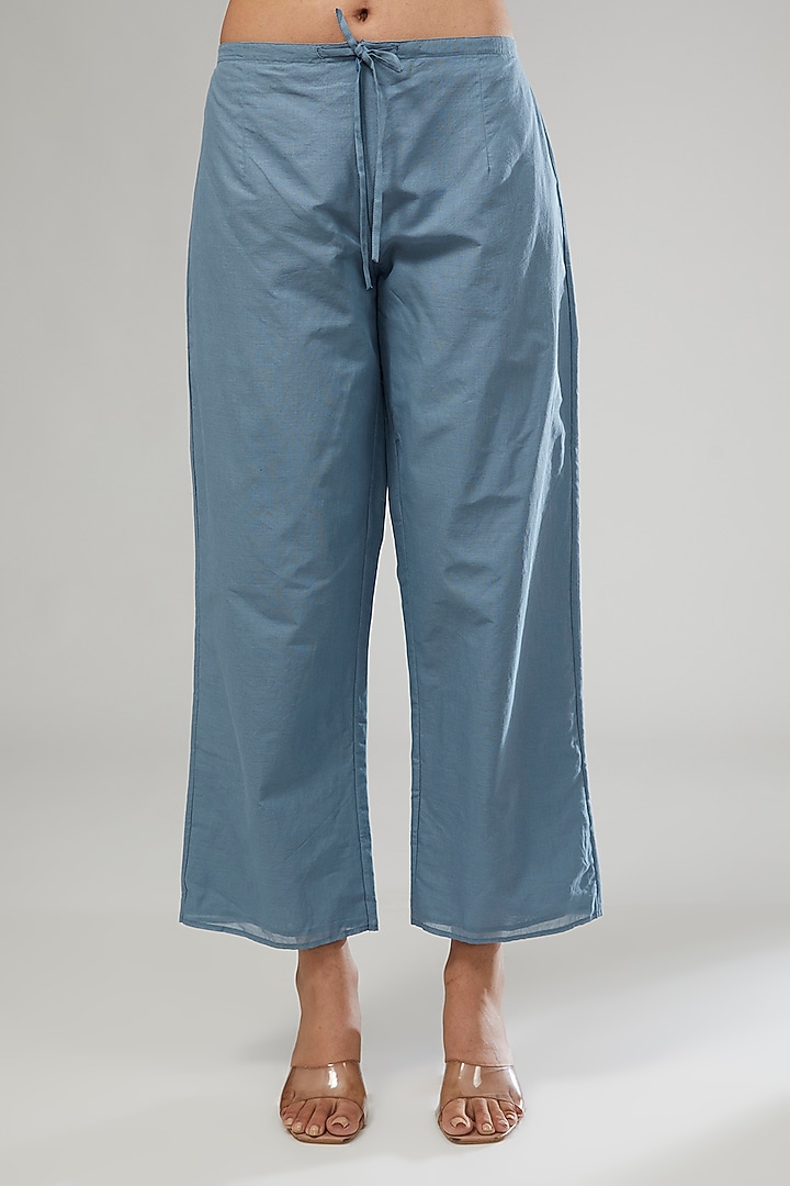 Blue Handloom Cotton Thread Embroidered Pants by Peachoo at Pernia's Pop Up Shop