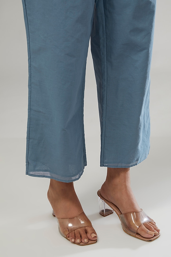 Blue Handloom Cotton Thread Embroidered Pants by Peachoo at Pernia's Pop Up Shop