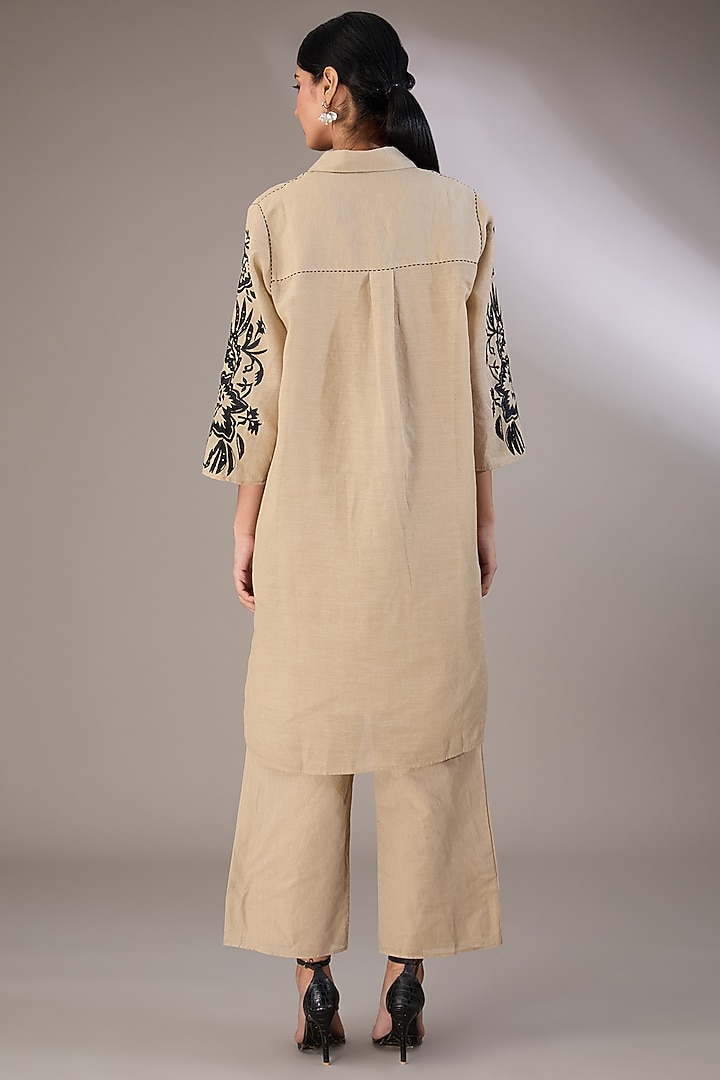 Beige Handloom Cotton Thread Embroidered Pants by Peachoo at Pernia's Pop Up Shop