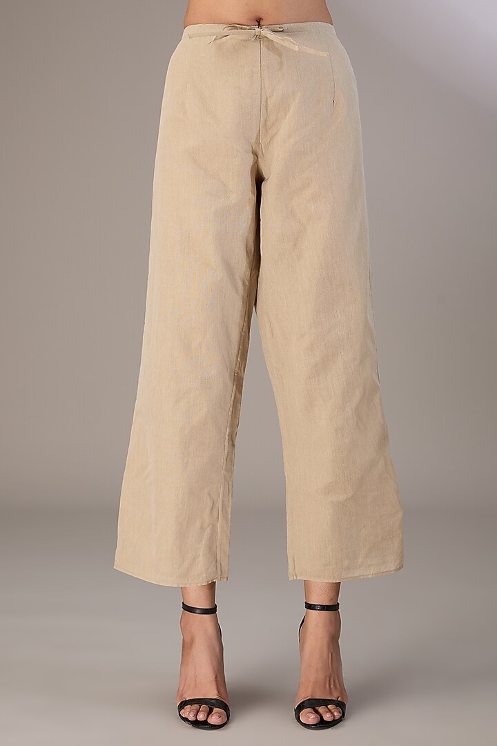 Beige Handloom Cotton Thread Embroidered Pants by Peachoo at Pernia's Pop Up Shop